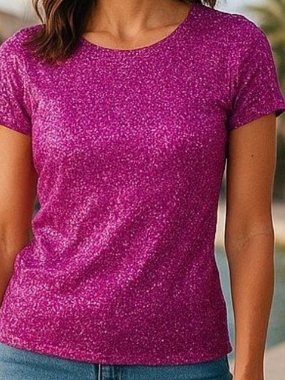Calypso St. Barth Short-Sleeve Glitter Sequin Tee in Fuchsia